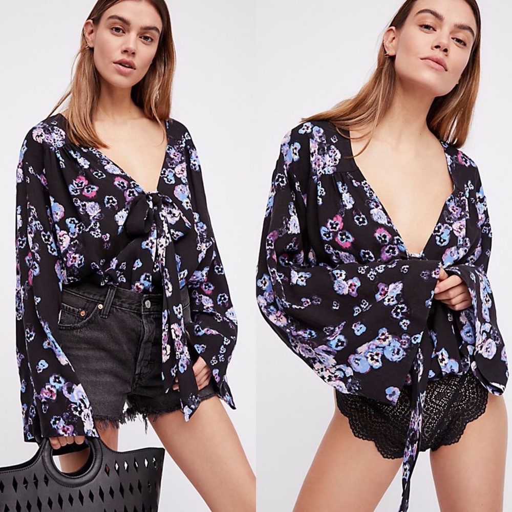 Free People Forties Feel Bodysuit New Size M Medium Black Floral Bell Sleeves
